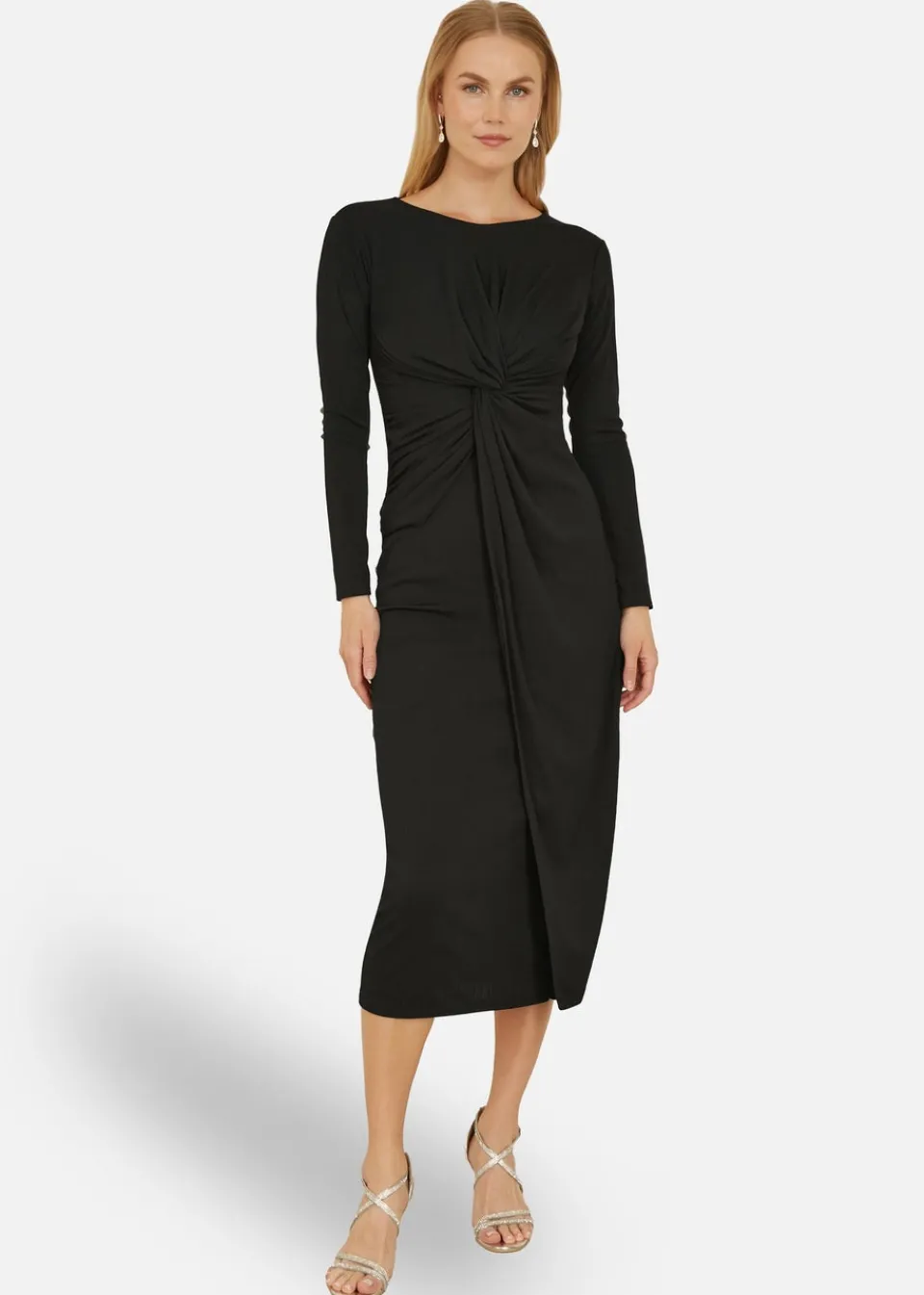 Dresses>Yumi Black Midi Fitted Stretch Dress With Knot Detail