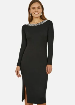 Knitwear>Yumi Black Pearl Neckline Fitted Midi Knitted Dress