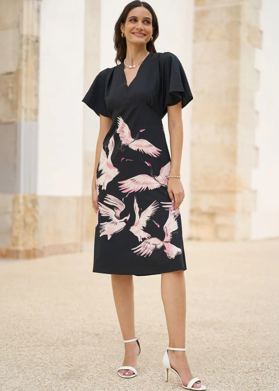Dresses>Yumi Black Recycled Fabric Crane Print Kimono Midi Dress