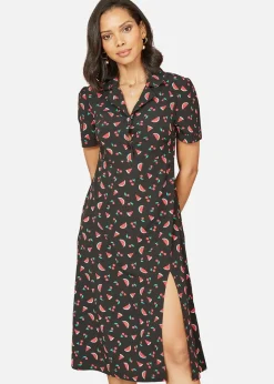 Dresses>Yumi Black Recycled Watermelon Print Shirt Dress With Side Split
