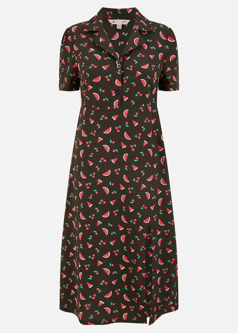 Dresses>Yumi Black Recycled Watermelon Print Shirt Dress With Side Split
