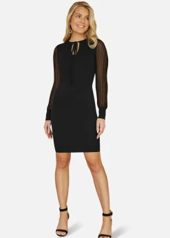 Knitwear>Yumi Black Rib Knit Fitted Dress With Sheer Sleeve Design