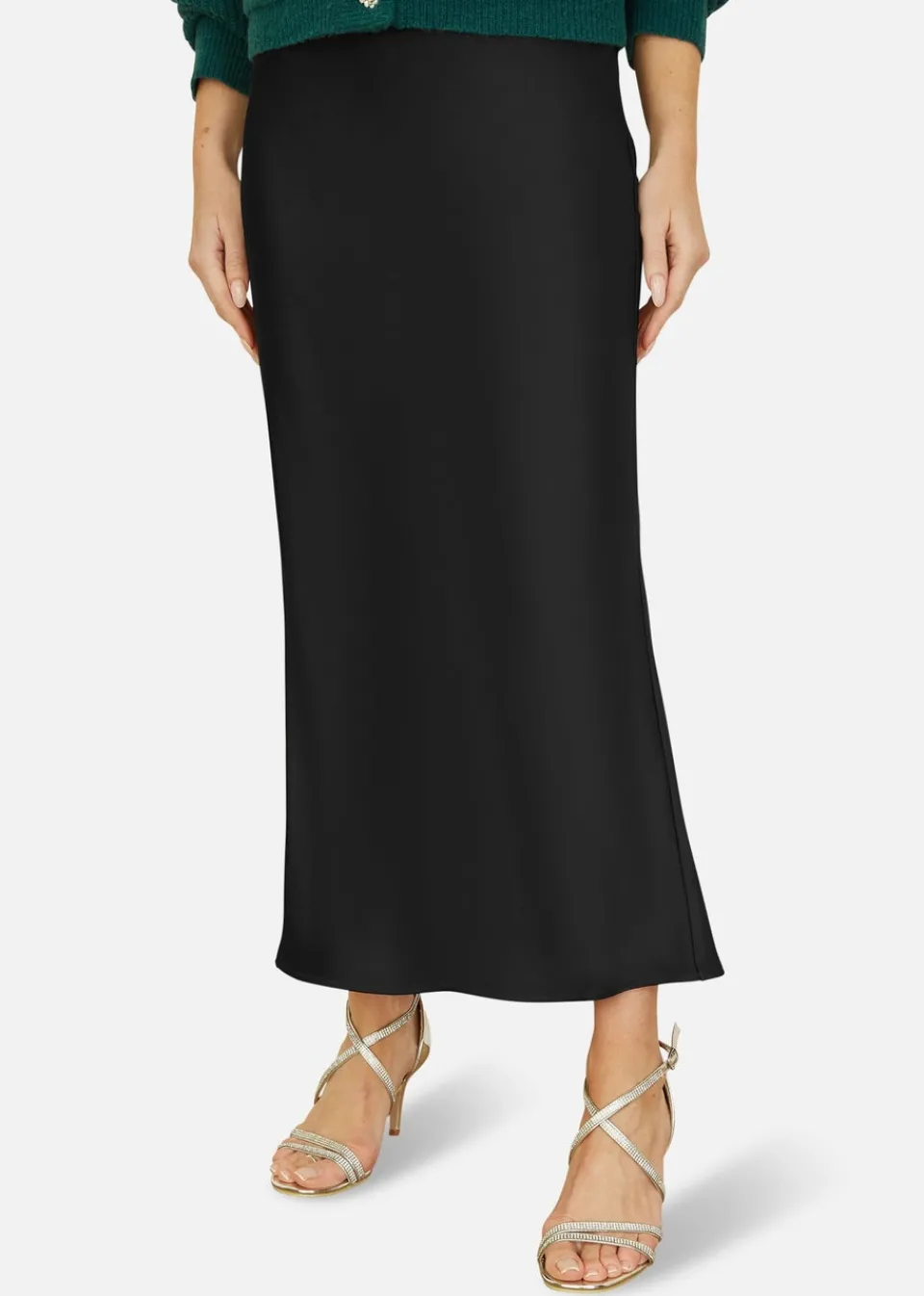 Skirts>Yumi Black Satin Midi Skirt