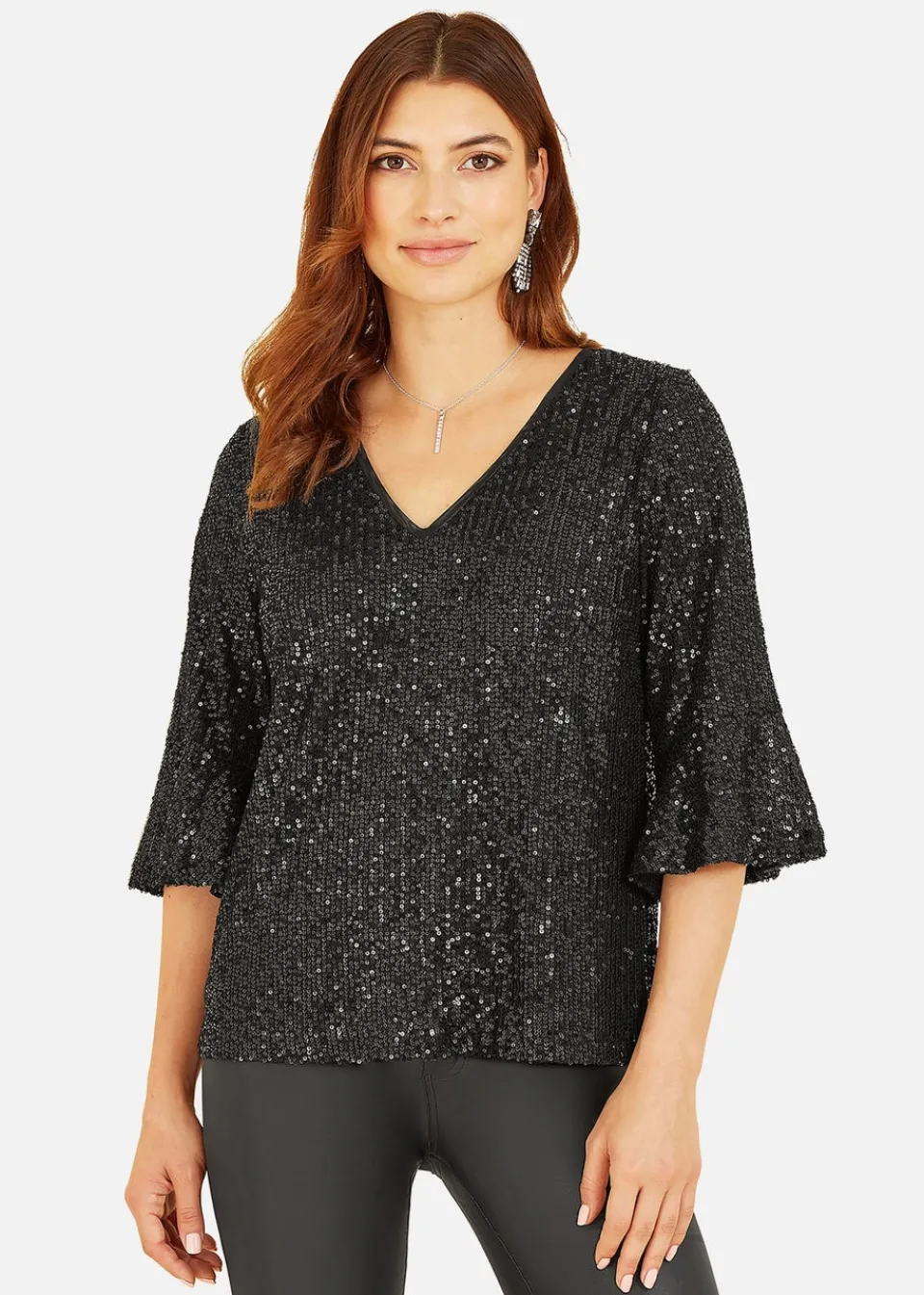 Tops>Yumi Black Sequin Top With Fluted Sleeve