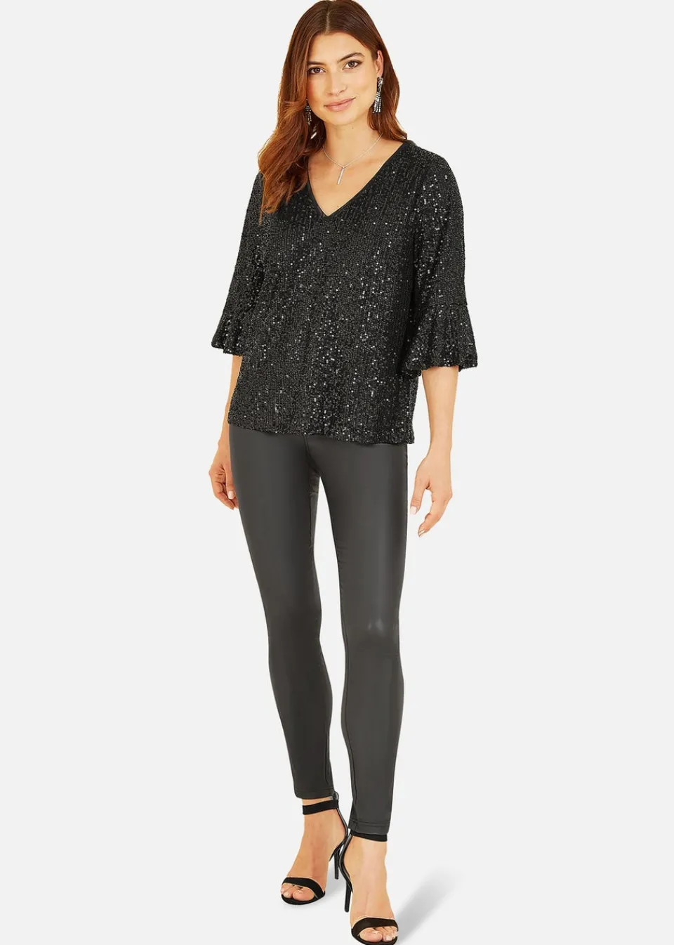 Tops>Yumi Black Sequin Top With Fluted Sleeve