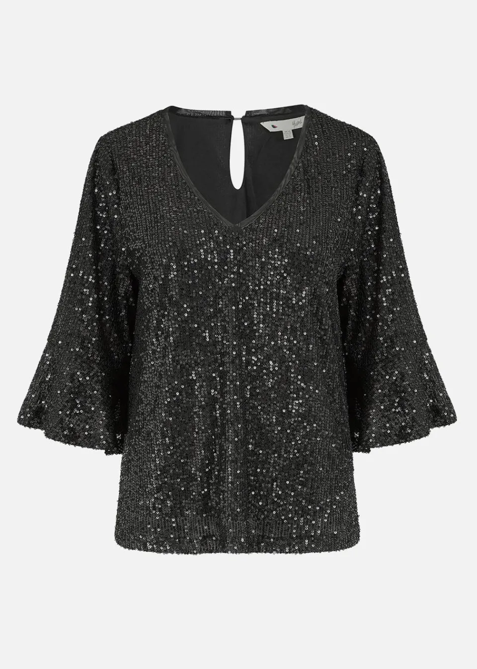 Tops>Yumi Black Sequin Top With Fluted Sleeve