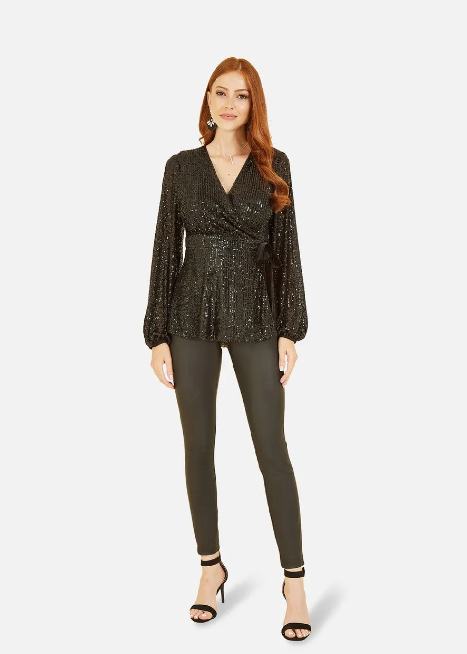 Tops>Yumi Black Sequin Wrap Top With Velvet Tie