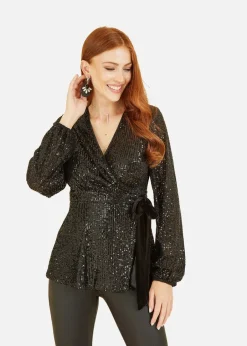 Tops>Yumi Black Sequin Wrap Top With Velvet Tie