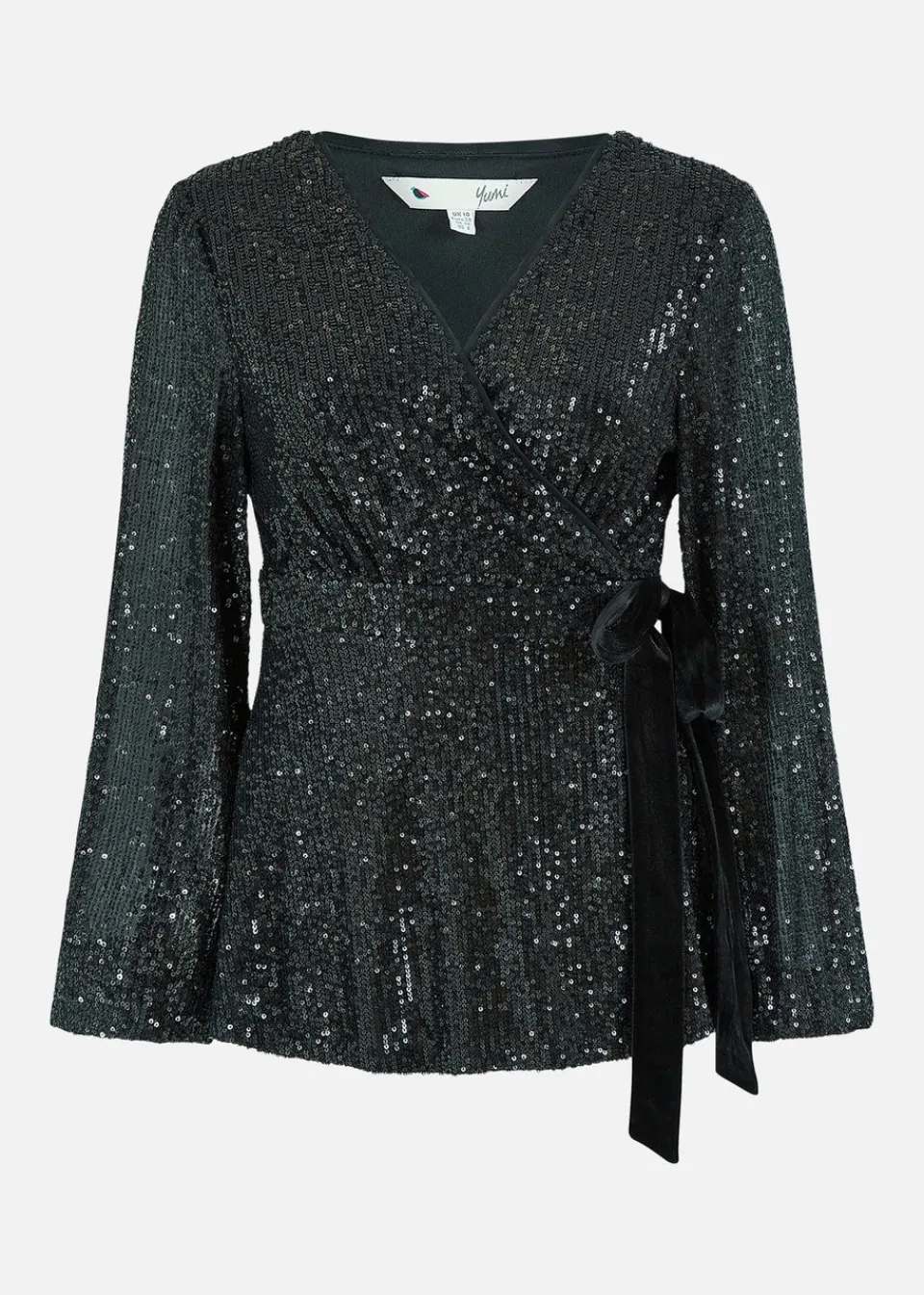 Tops>Yumi Black Sequin Wrap Top With Velvet Tie