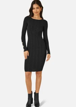 Knitwear>Yumi Black Shimmer Fitted Midi Dress With Button