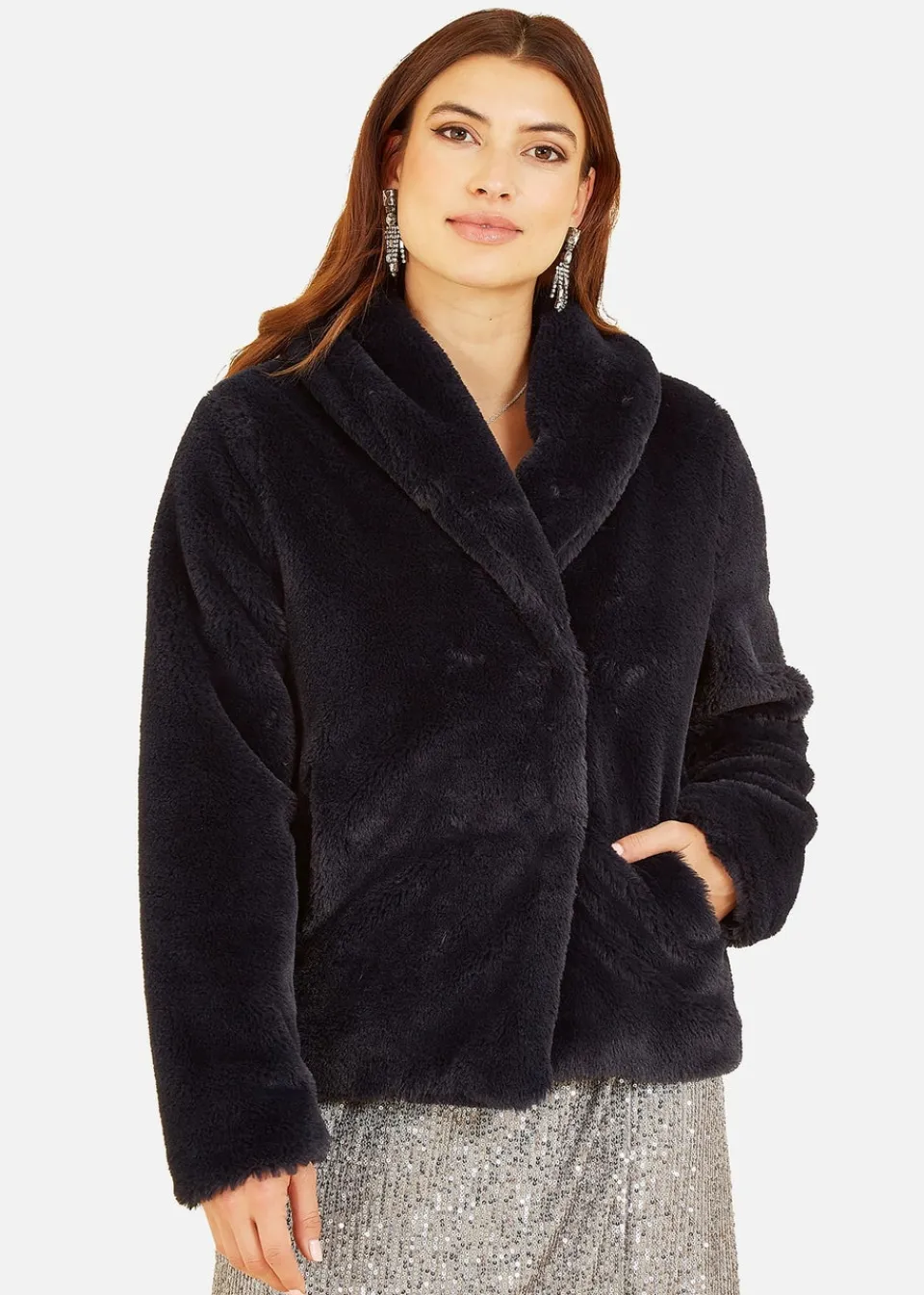 Coats & Jackets>Yumi Black Short Wrap Faux Fur Coat