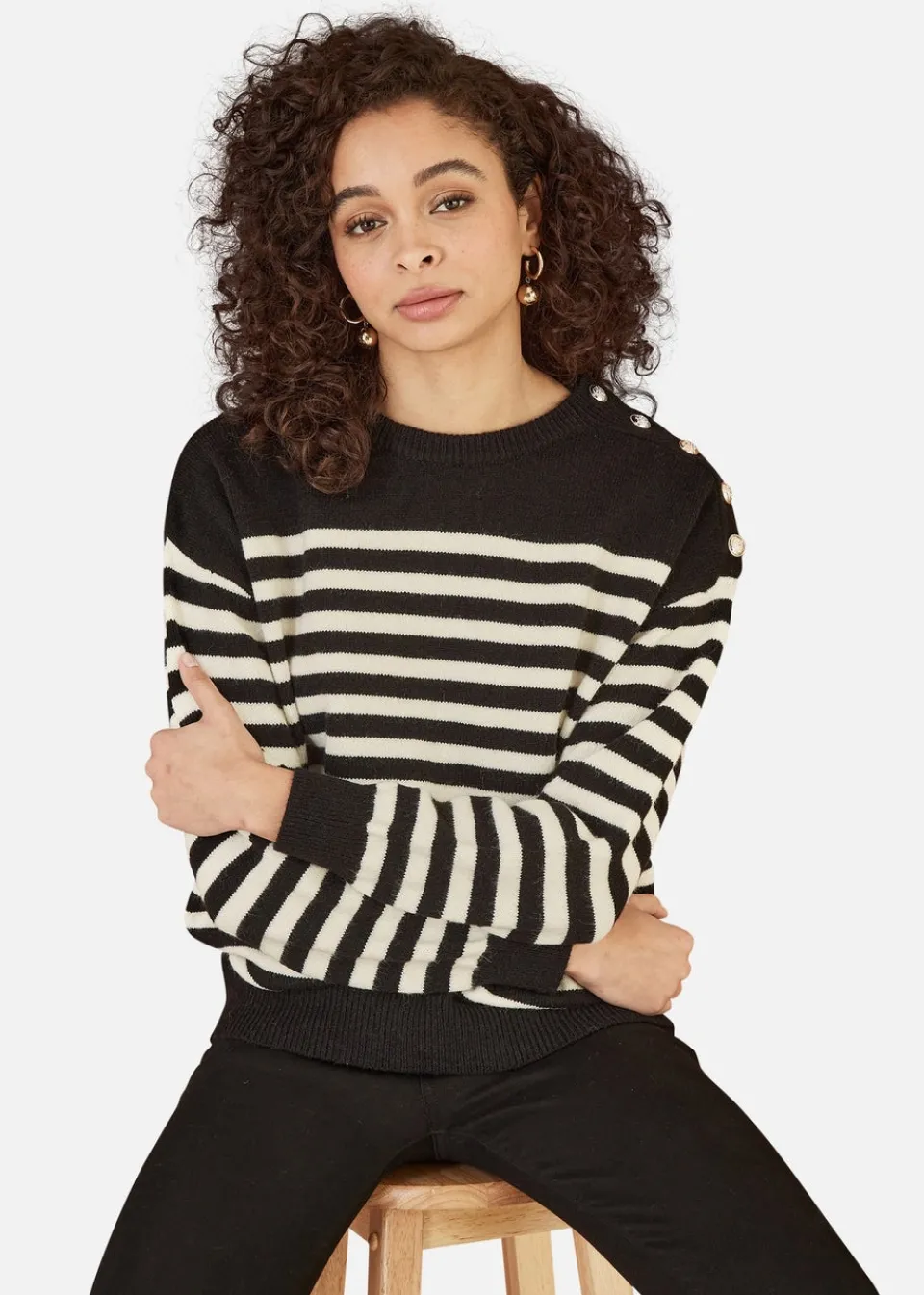 Knitwear>Yumi Black Stripe Knitted Relaxed Jumper With Button Details