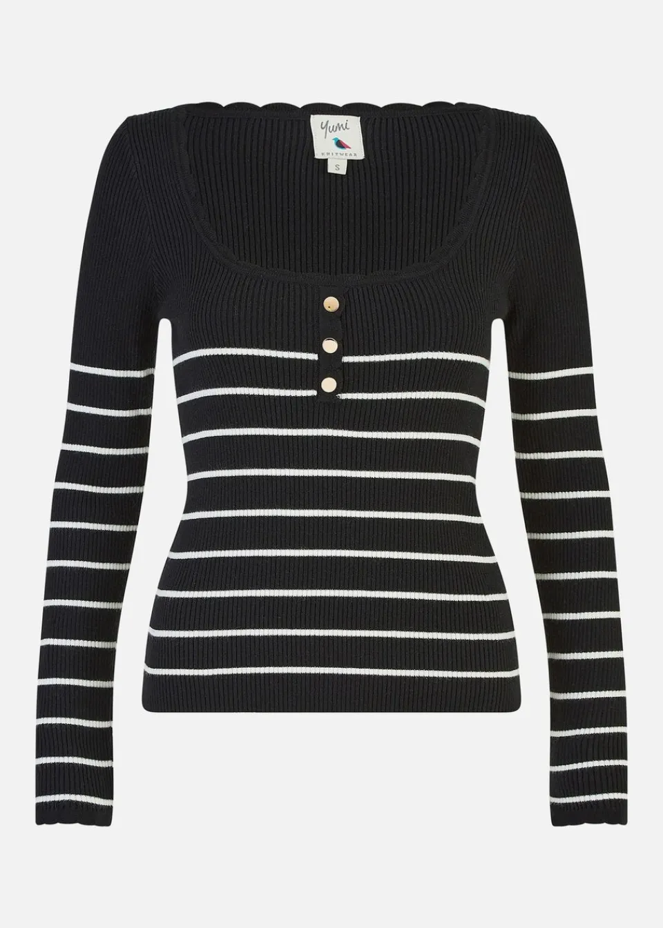 Tops>Yumi Black Stripe Rib Knitted Long Sleeve Top With Button Details
