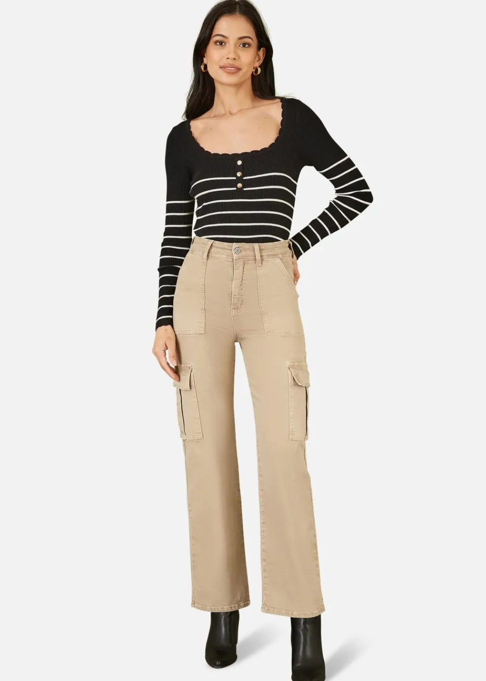 Tops>Yumi Black Stripe Rib Knitted Long Sleeve Top With Button Details