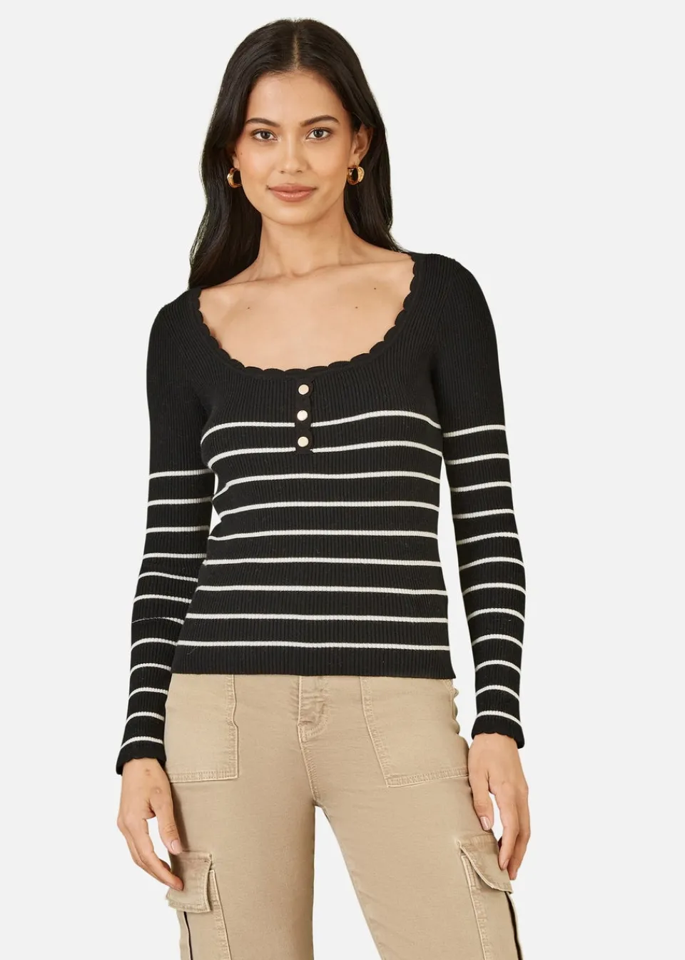 Tops>Yumi Black Stripe Rib Knitted Long Sleeve Top With Button Details