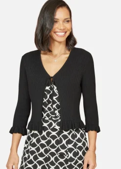 Tops>Yumi Black Tie Up Ribbed Cardigan With Frill Hem
