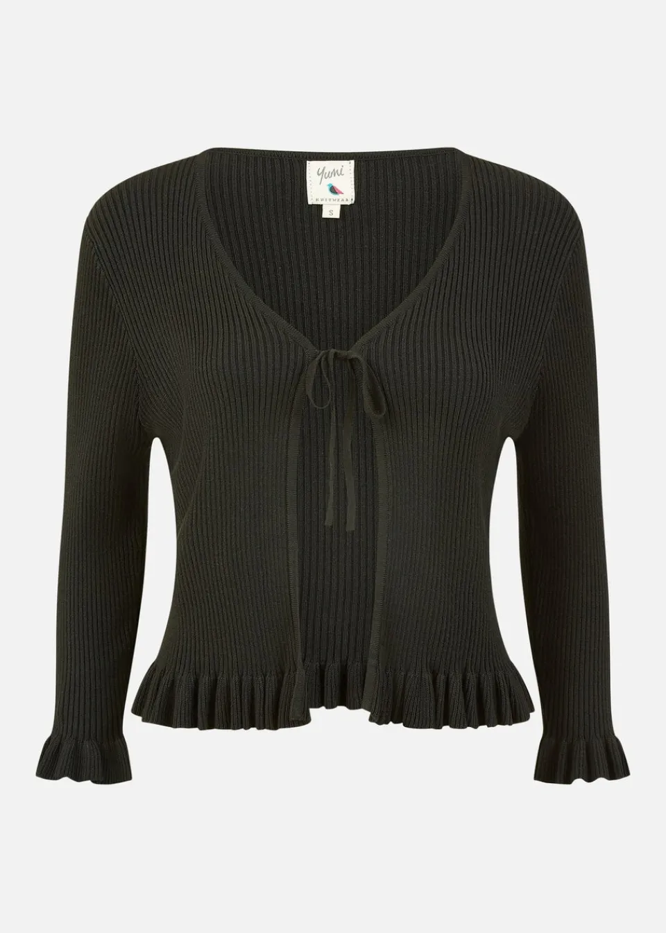 Tops>Yumi Black Tie Up Ribbed Cardigan With Frill Hem