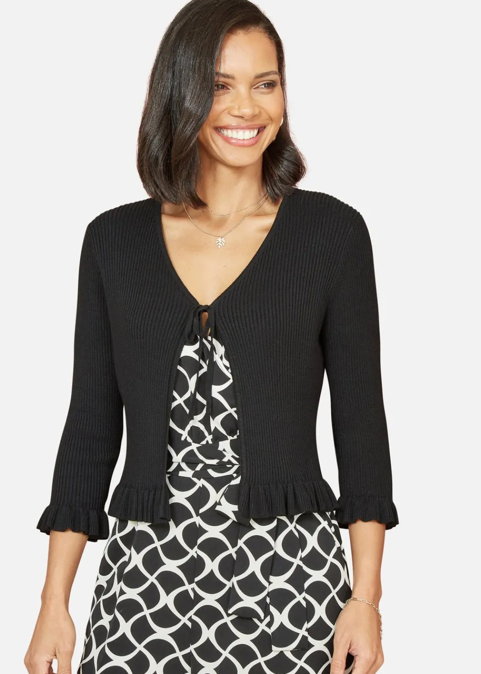 Tops>Yumi Black Tie Up Ribbed Cardigan With Frill Hem