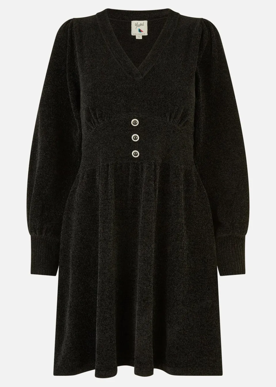 Dresses>Yumi Black V Neck Empire Line Knitted Skater Dress