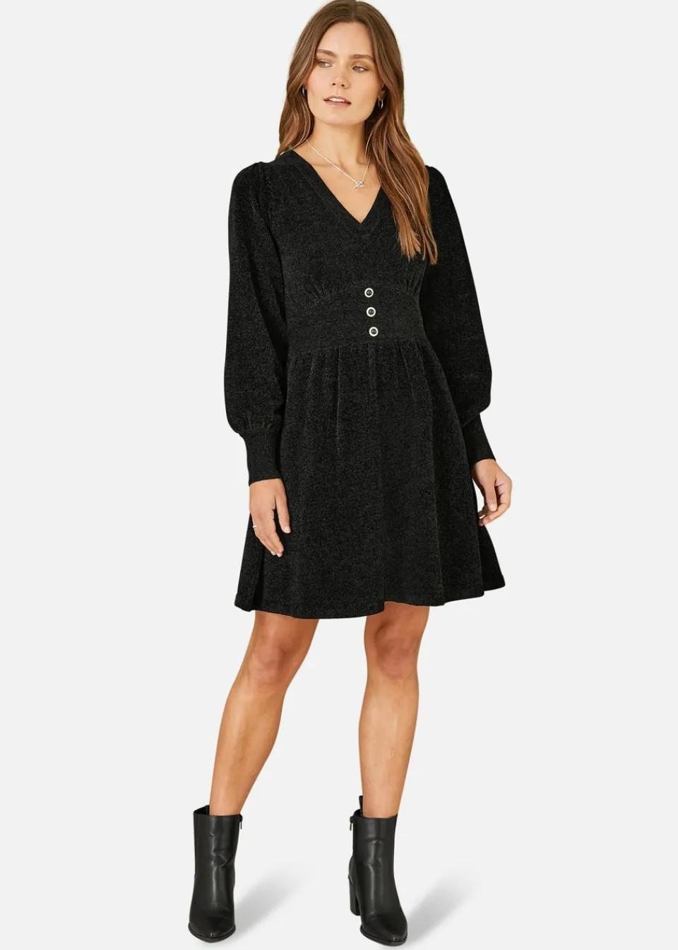 Dresses>Yumi Black V Neck Empire Line Knitted Skater Dress