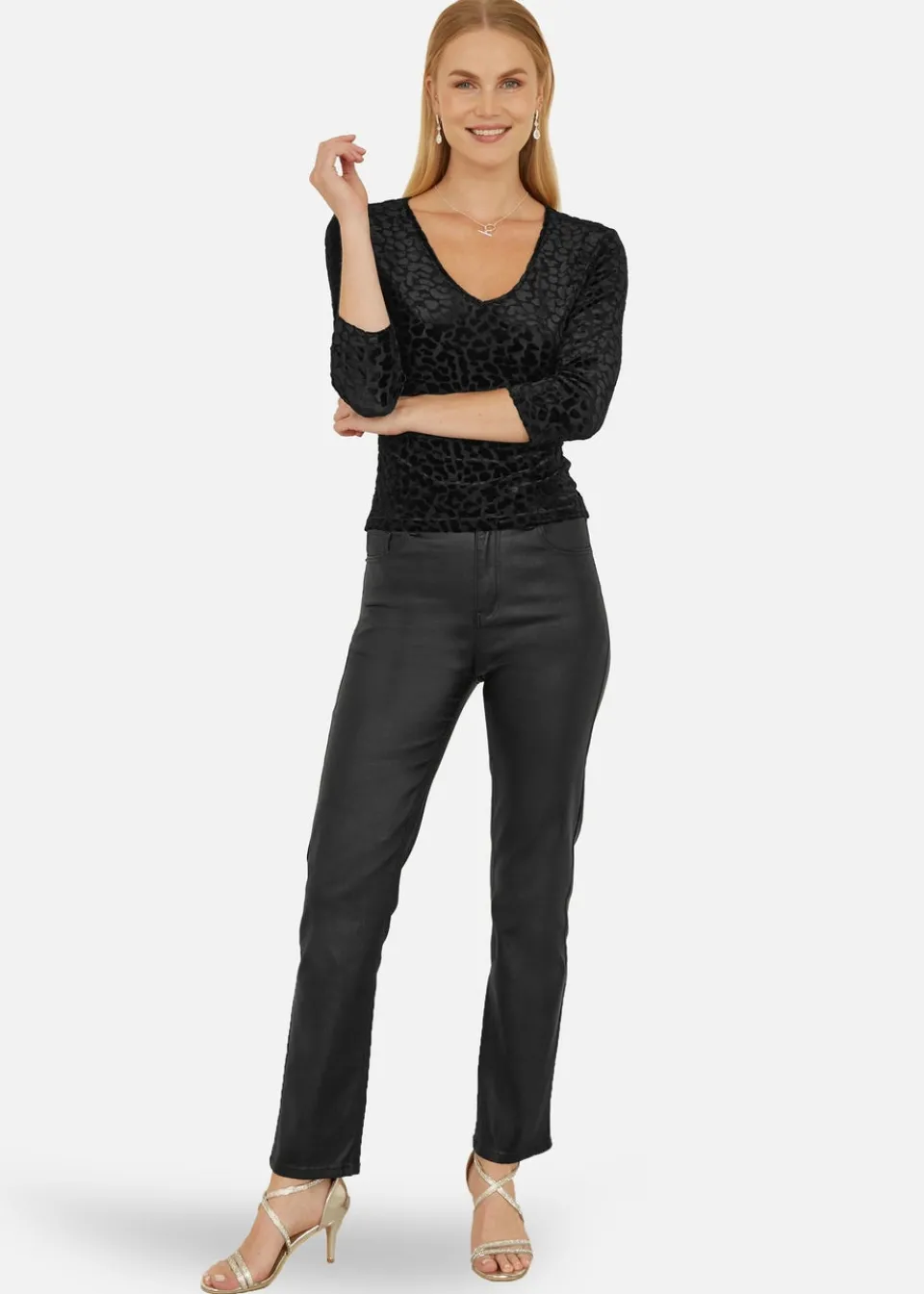 Tops>Yumi Black Velvet Leopard V Neck Top