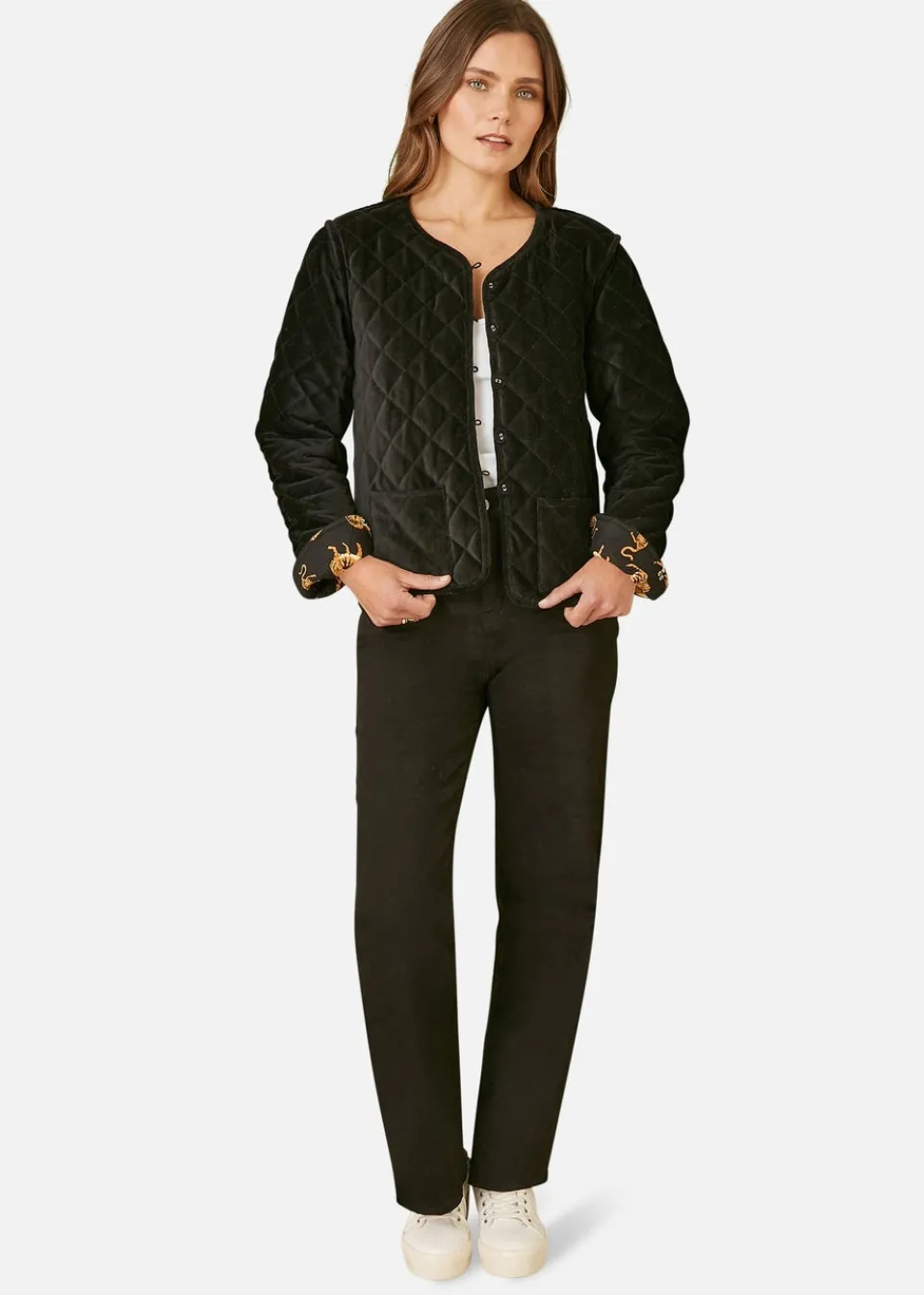 Coats & Jackets>Yumi Black Velvet Quilted Jacket With Reversible Leopard Lining