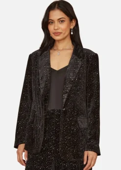 Coats & Jackets>Yumi Black Velvet Sparkle Oversize Blazer