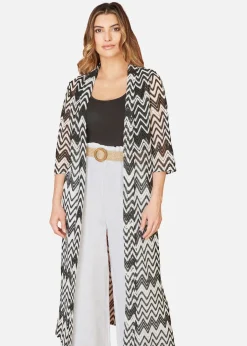 Tops>Yumi Zig Zag Crochet Long Knitted Kimono Black