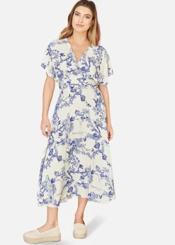 Dresses>Yumi Blue And White Print Ruched Waist Kimono Midi Dress