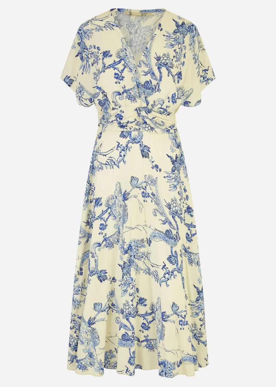 Dresses>Yumi Blue And White Print Ruched Waist Kimono Midi Dress