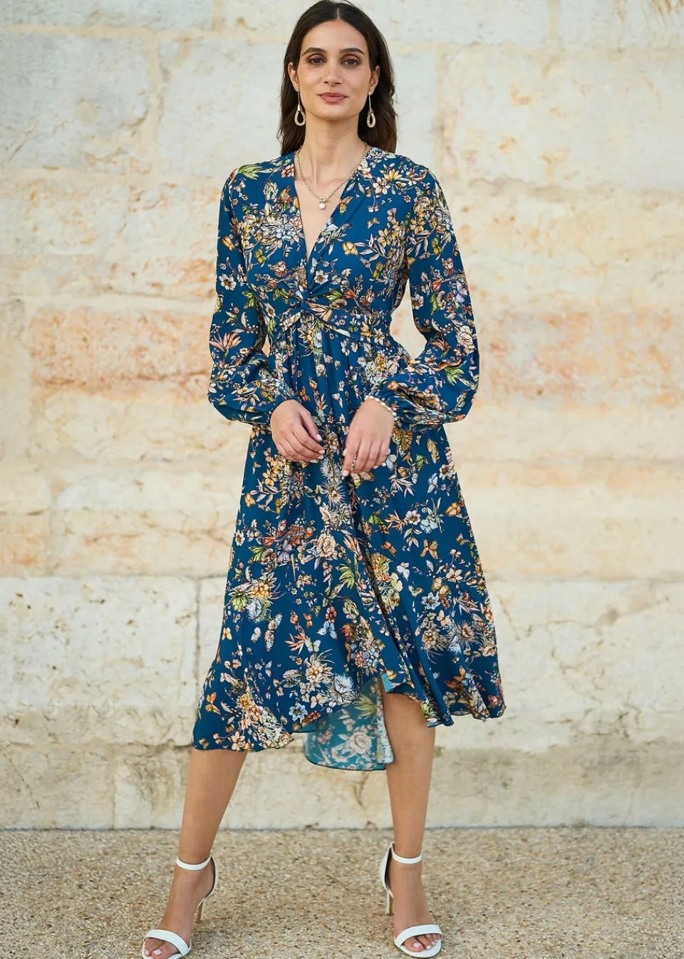 Dresses>Yumi Blue Butterly Floral Tie Knot Front Long Sleeve Midi Dress