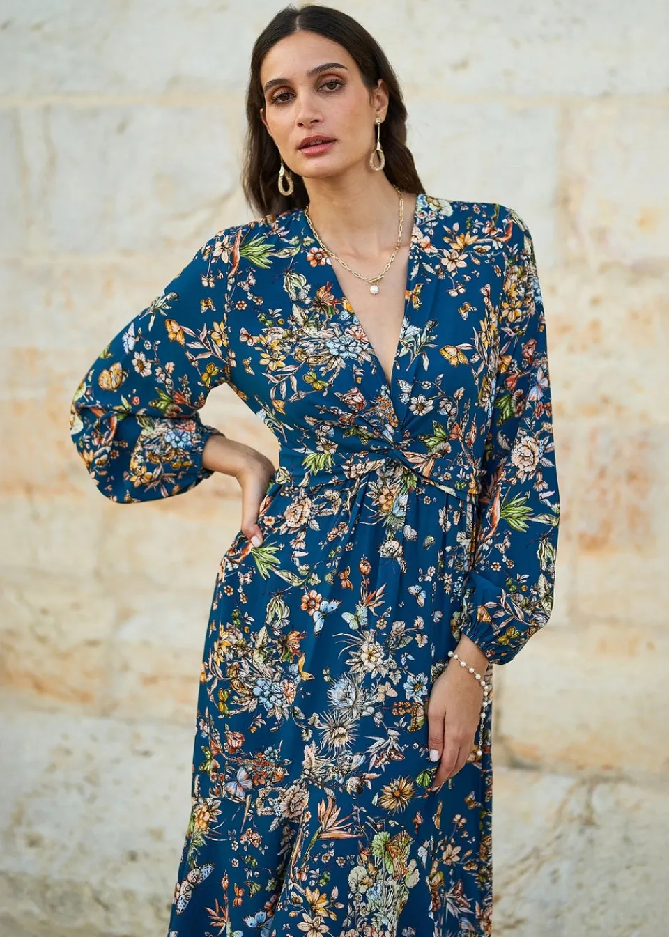 Dresses>Yumi Blue Butterly Floral Tie Knot Front Long Sleeve Midi Dress