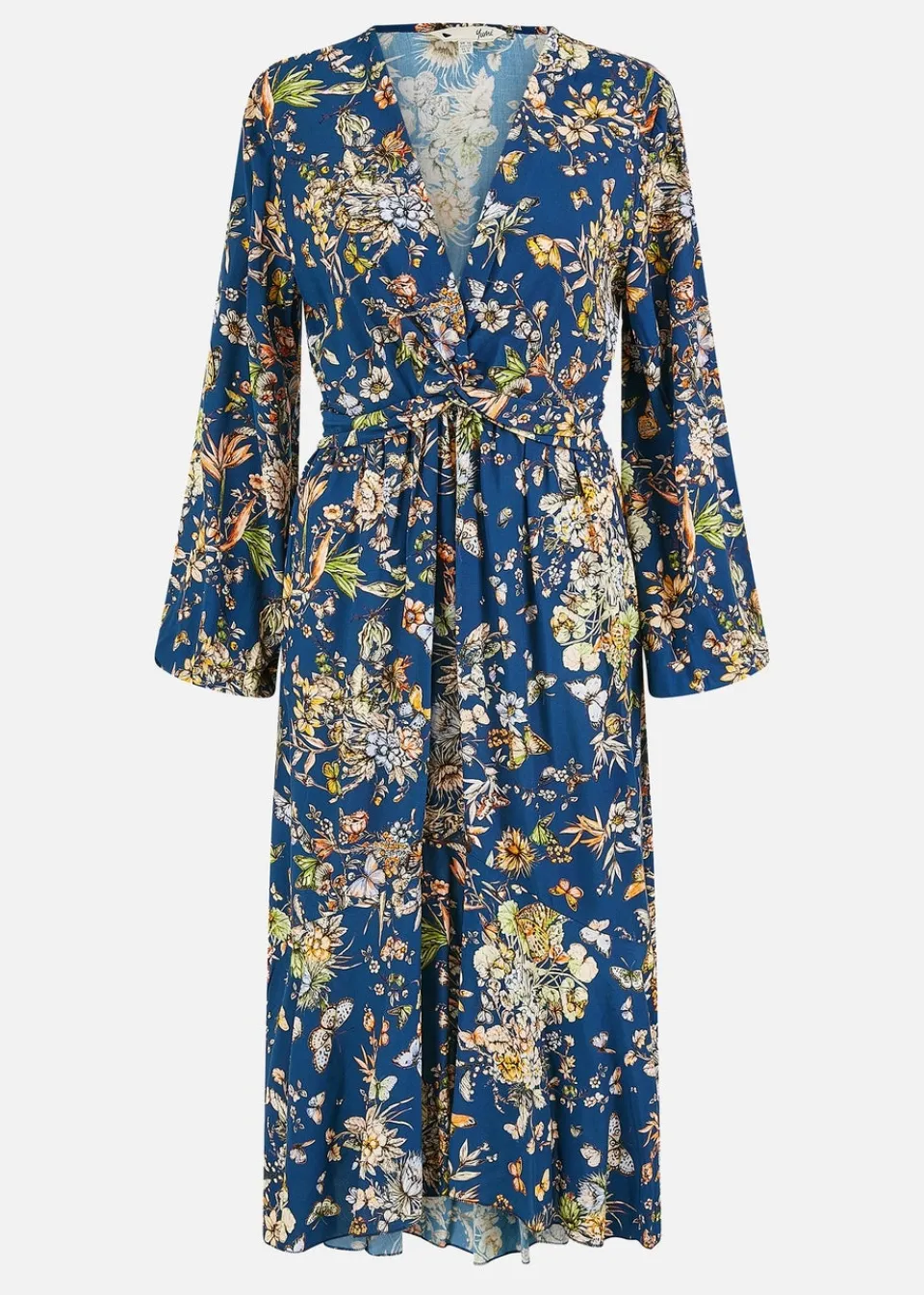 Dresses>Yumi Blue Butterly Floral Tie Knot Front Long Sleeve Midi Dress