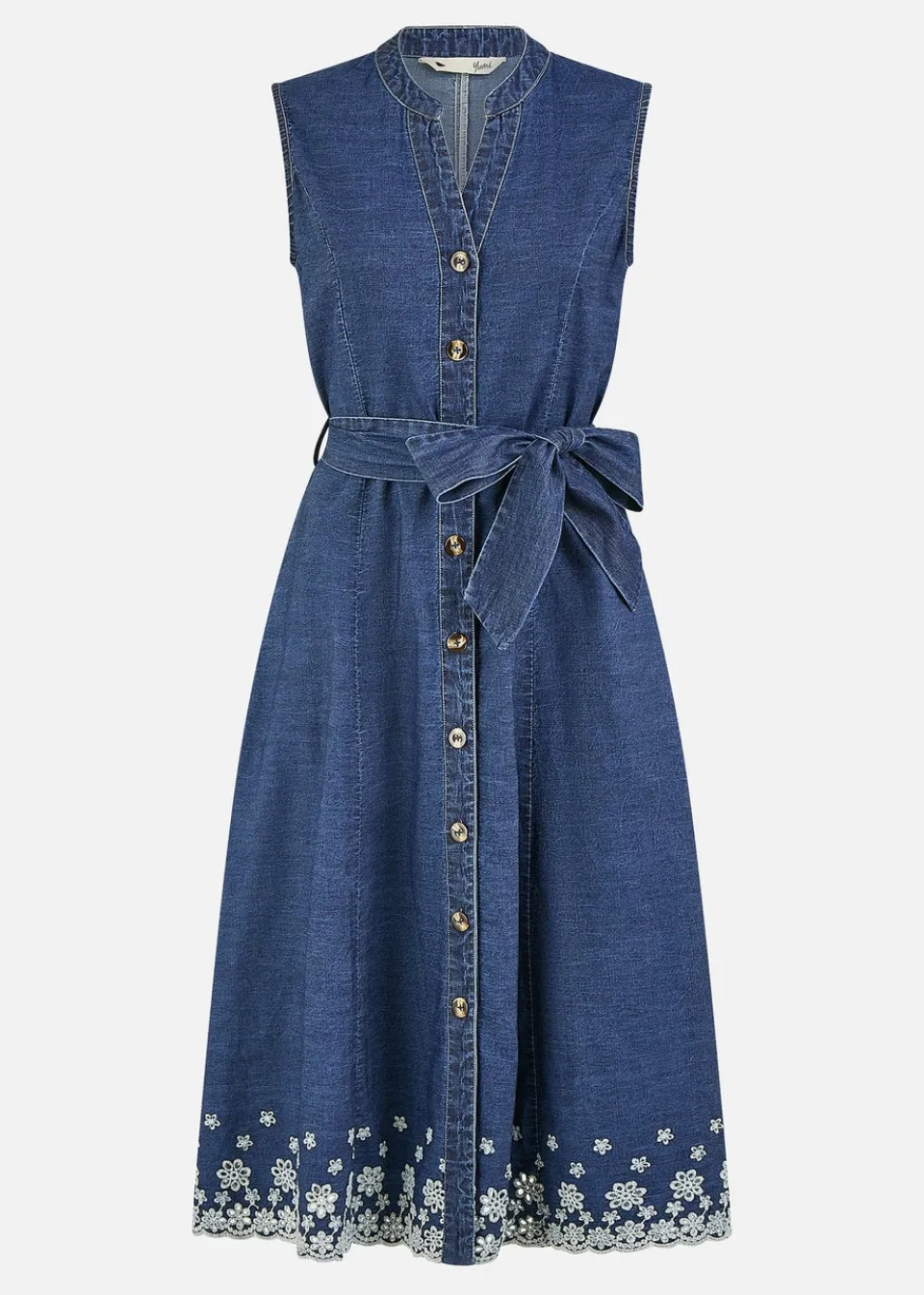 Dresses>Yumi Blue Chambray Cotton Midi Embroidered Shirt Dress