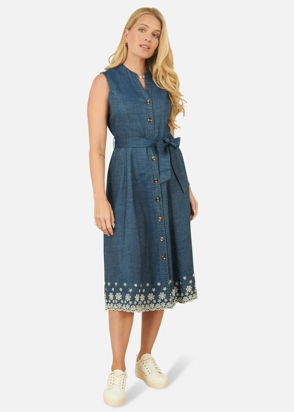 Dresses>Yumi Blue Chambray Cotton Midi Embroidered Shirt Dress