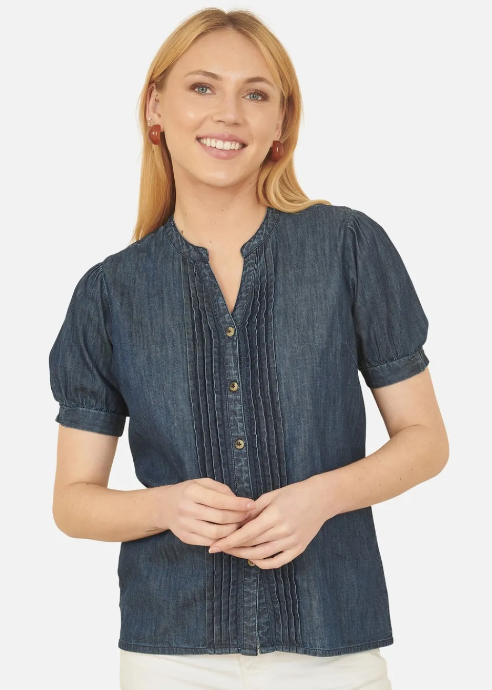 Tops>Yumi Blue Chambray Pleated Denim Shirt