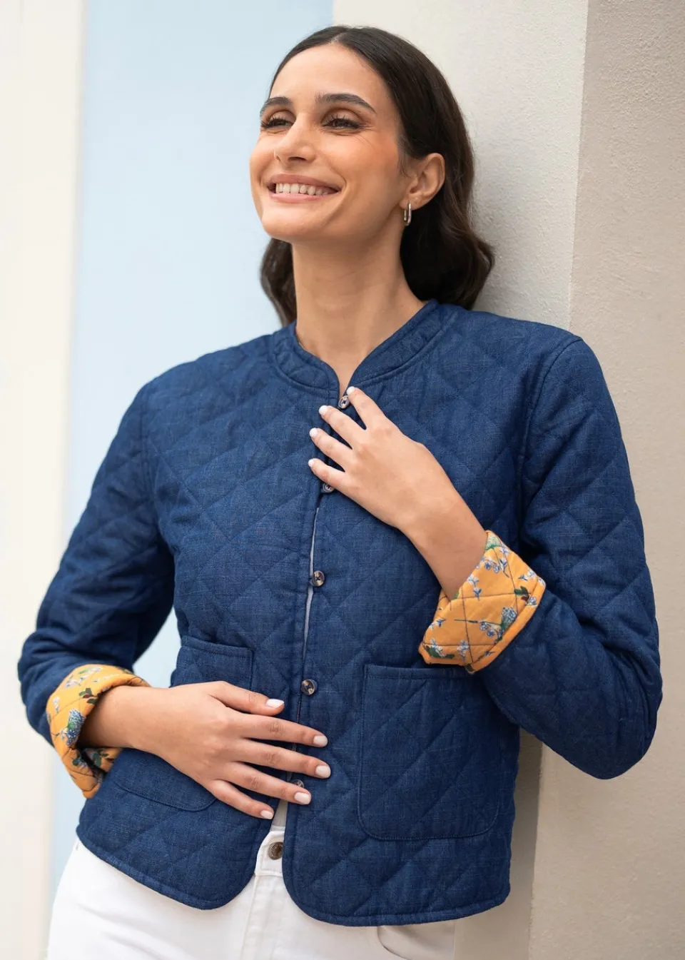 Coats & Jackets>Yumi Blue Chambray Quilted Jacket With Reversible Floral Lining