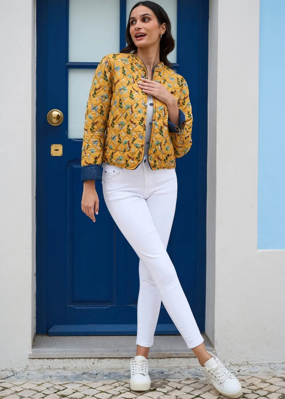 Coats & Jackets>Yumi Blue Chambray Quilted Jacket With Reversible Floral Lining