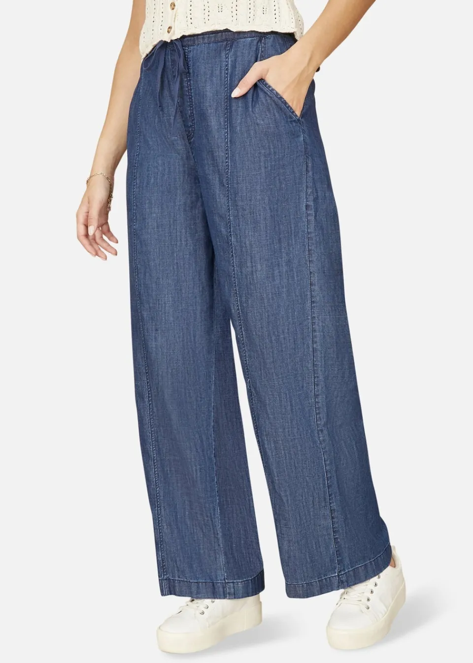 Trousers>Yumi Blue Chambray Relaxed Fit Wide Leg Trousers