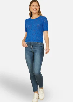 T-Shirts>Yumi Blue Cotton Crochet Knitted Top