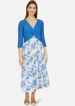 Tops>Yumi Blue Cotton Crochet Knitted Top