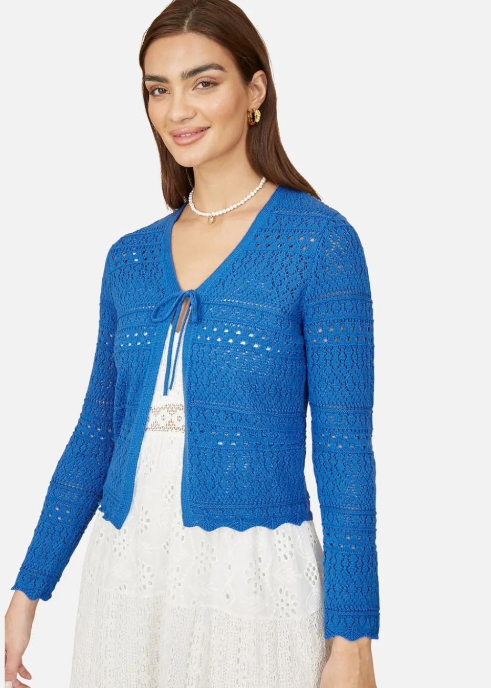 Tops>Yumi Blue Crochet Tie Front Cardigan Blues