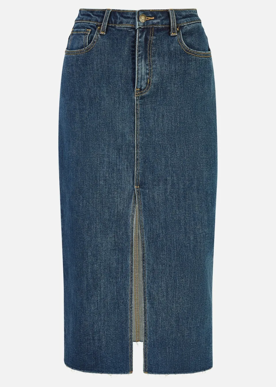 Skirts>Yumi Blue Denim Stretch Fitted Midi Skirt With Front Split