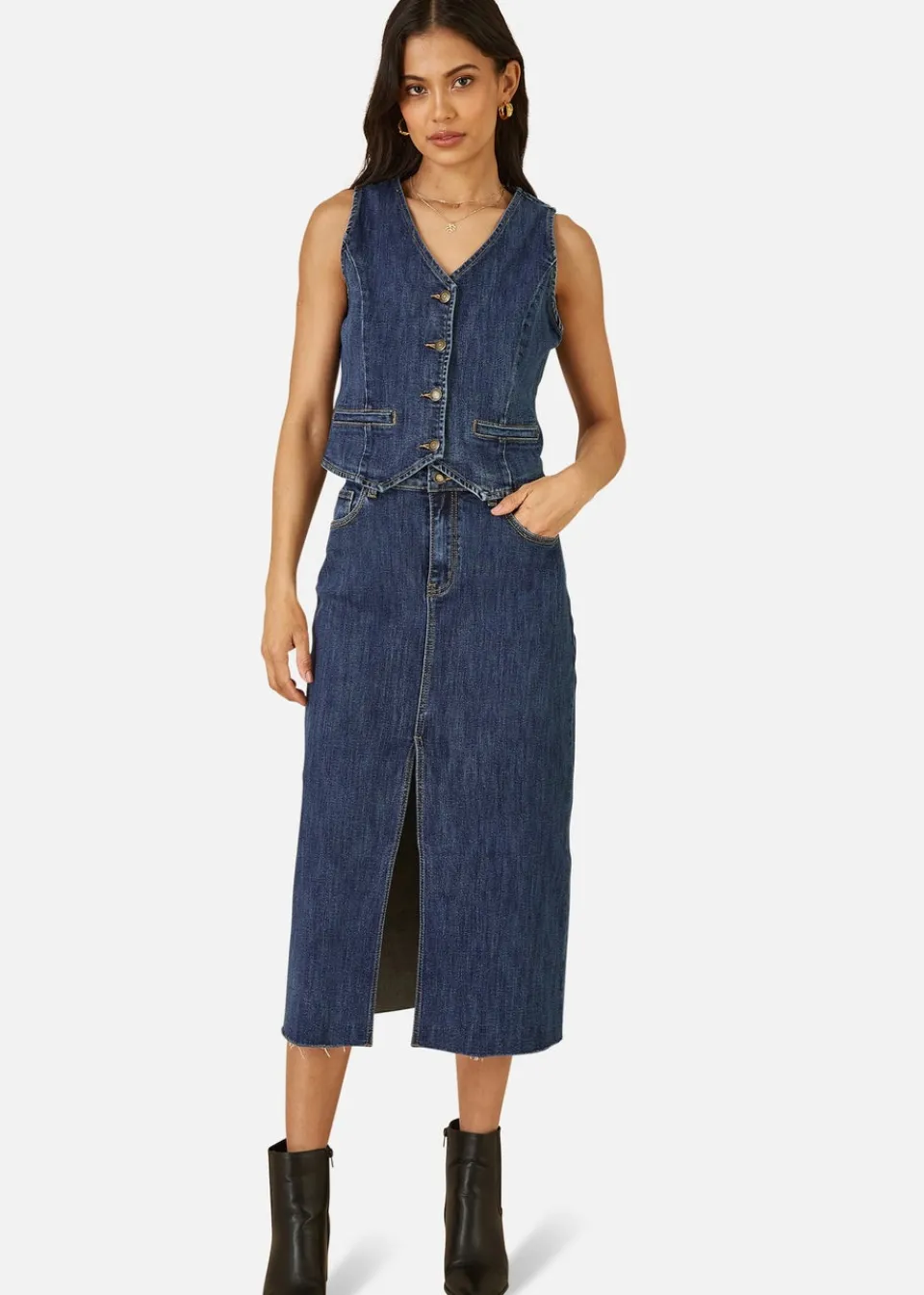 Skirts>Yumi Blue Denim Stretch Fitted Midi Skirt With Front Split