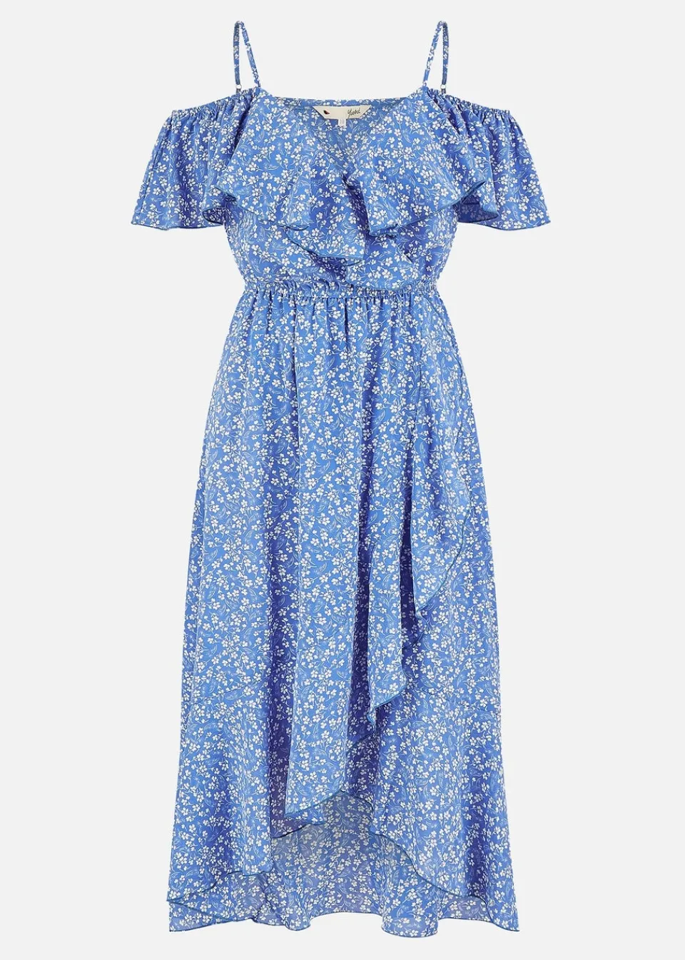 Dresses>Yumi Blue Ditsy Print Bardot Midi Dress With Dip Hem