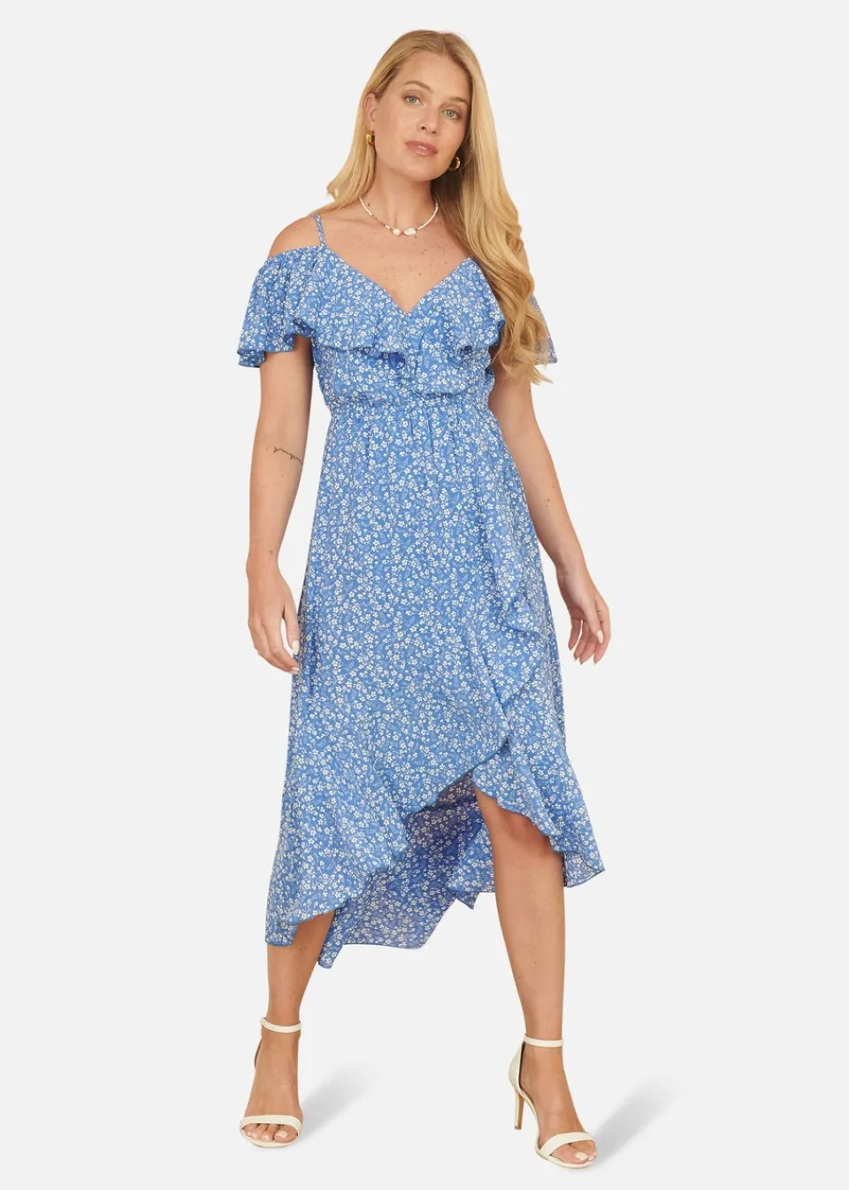 Dresses>Yumi Blue Ditsy Print Bardot Midi Dress With Dip Hem