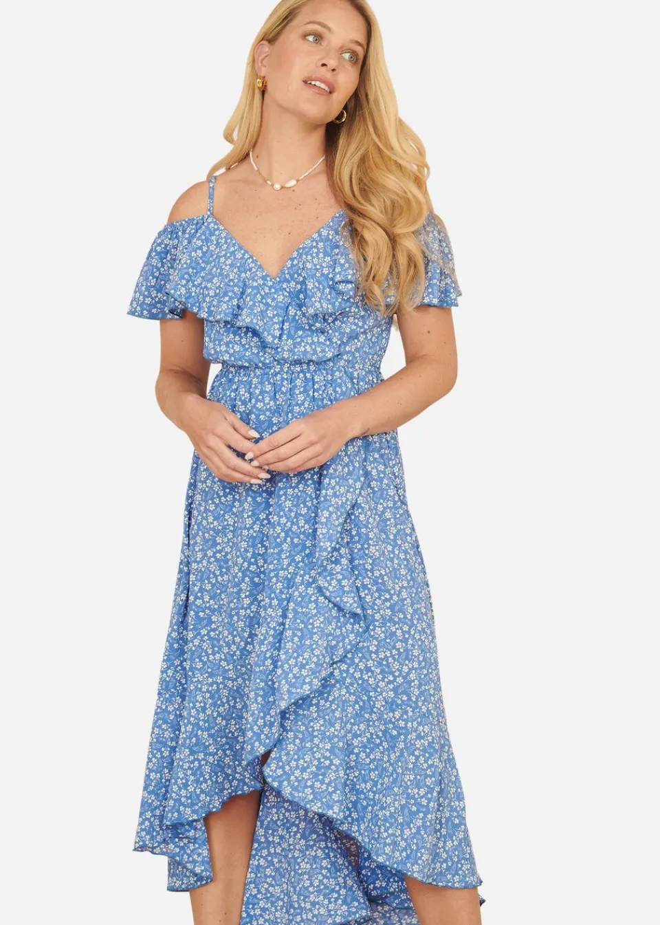 Dresses>Yumi Blue Ditsy Print Bardot Midi Dress With Dip Hem