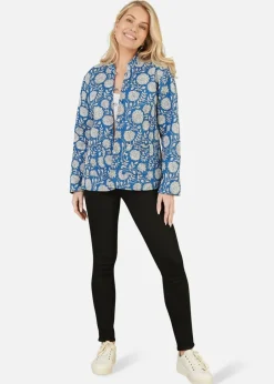 Coats & Jackets>Yumi Blue Floral Print Reversible Cotton Quilted Jacket