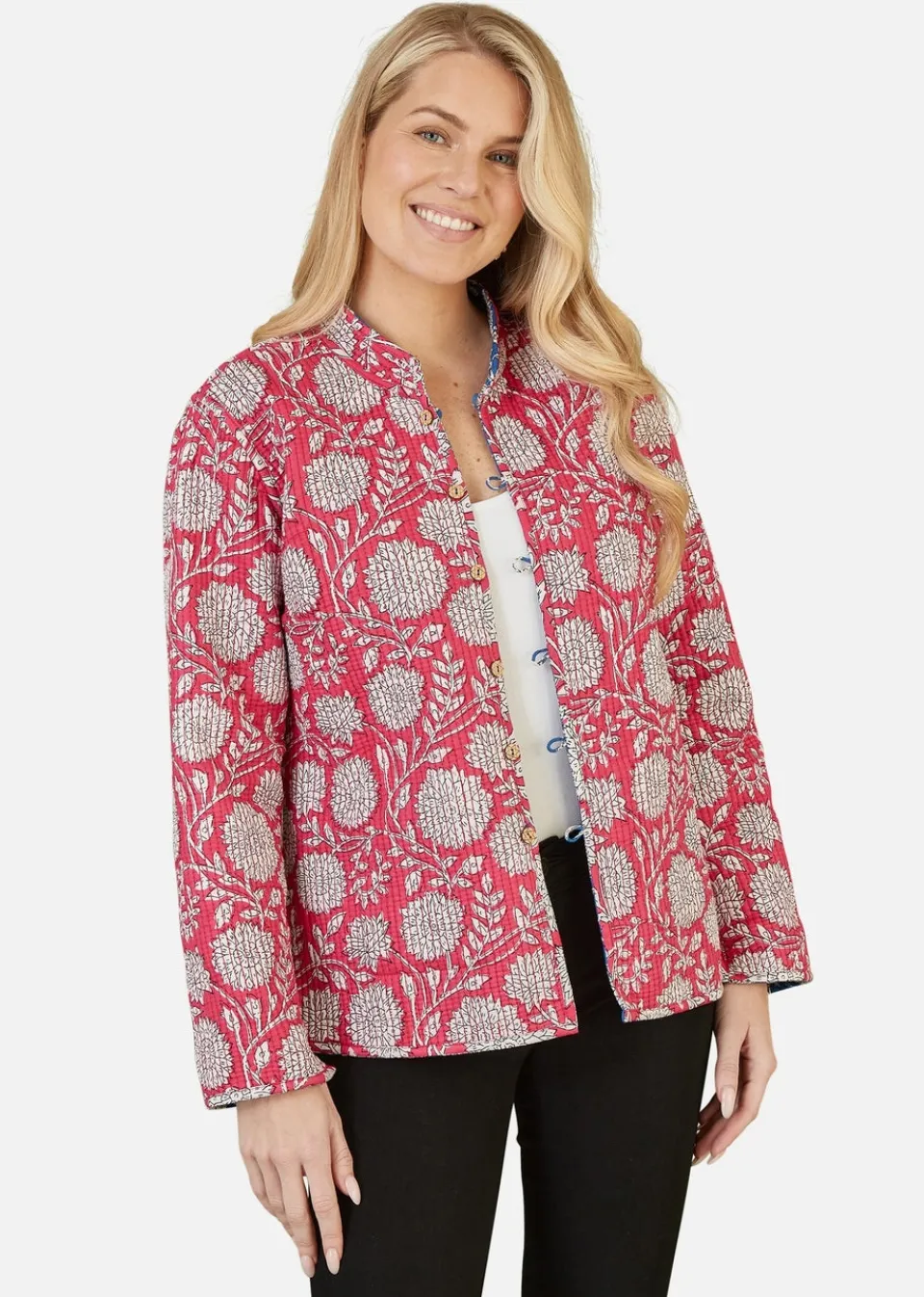 Coats & Jackets>Yumi Blue Floral Print Reversible Cotton Quilted Jacket