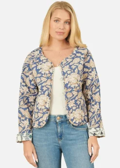 Coats & Jackets>Yumi Blue Floral Reversible Cotton Quilted Jacket